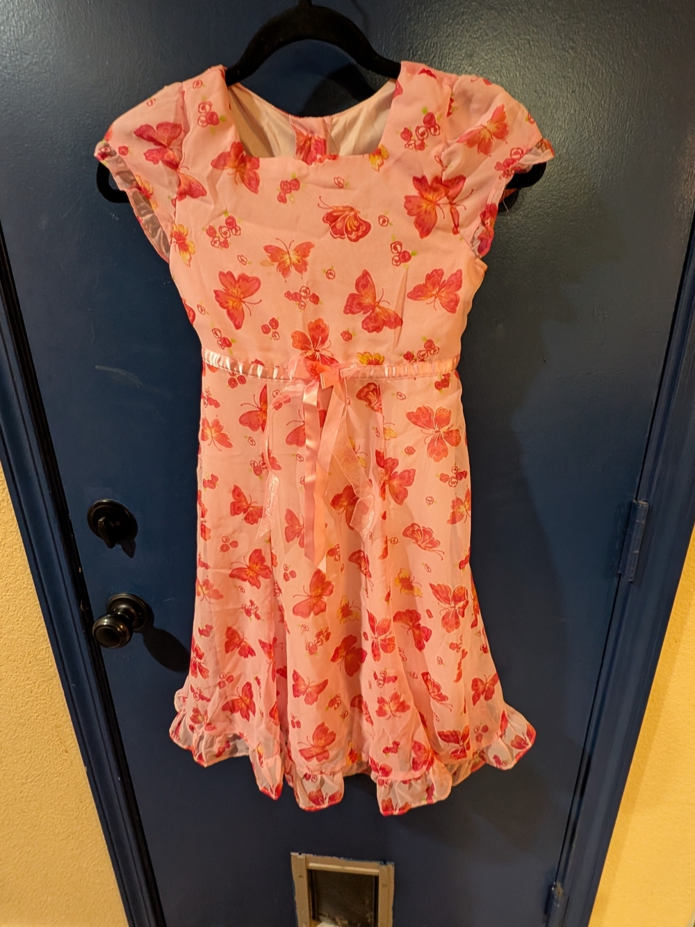 Jona Michelle Girls Size 8 Pink Butterfly Dress Tie Back Ruffle Hem